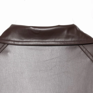 Classic dark brown faux leather trench coat with double-breasted buttons and waist belt decor