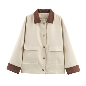 Women Street Fashion Color Block Jacket Contrast Lapel Workwear Khaki Beige Outerwear Windbreaker Patchwork Single Breasted Casual Coat