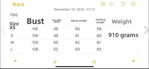Detailed size chart for women's short hooded padded jacket with specific measurements