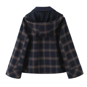 Back view of a navy plaid hooded jacket with intricate woven red and grey patterns