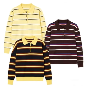 Detailed flat lay of long-sleeve knit polo shirts with various colorful striped patterns