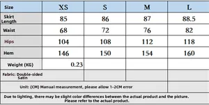 Size chart for women's satin skirt showing waist, hip, and length measurements in centimeters