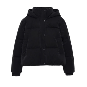 Detail of black hooded quilted puffer jacket with snap buttons and matte windproof fabric