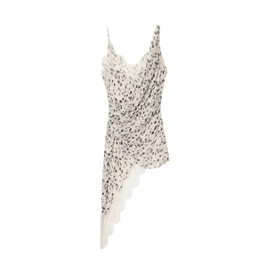 Robe Midi Sexy à Pois pour Femmes avec Patchwork en Dentelle et Bretelles Spaghetti Ourlet Asymétrique Col en V Chiffon Sans Manches Streetwear d'Été