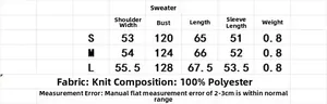 Size chart for winter knit sweater jacket detailing S, M, L measurements and 100% polyester fabric