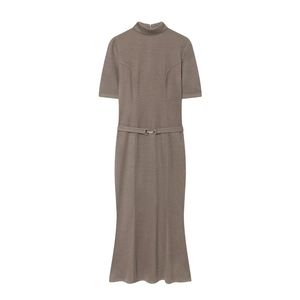 Detail of taupe high-neck midi knit dress with matching slim belt and silver buckle