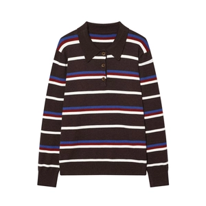 Detail of polo collar and contrast stripes on brown long sleeve knit sweater