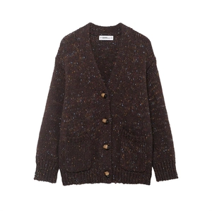 Women's Loose V-Neck Button Down Knit Cardigan Sweater With Pockets Dark Brown Speckled Confetti Long Sleeve Winter Coat