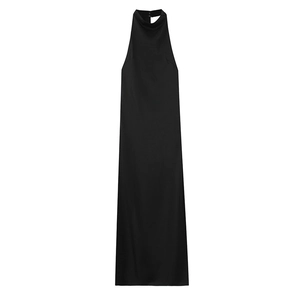 Detail of elegant black satin halter neck dress with back button and draped pleats