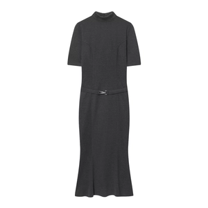 Detailed close-up of dark grey knit dress featuring high neck and waist belt with silver buckle