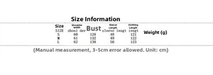 Size chart for women long sleeve loose coat showing shoulder bust sleeve length and weight