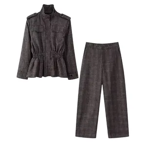 Women Vintage Grey Plaid Peplum Jacket And Wide Leg Pants Stand Collar Drawstring Waist Outfits Office Lady Winter Suit