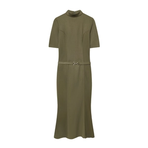 Close-up of olive green slim dress featuring a high collar and sleek leather waist belt