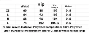 Size guide for sequined fishtail midi skirt showing XS to L measurements and fabric info