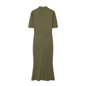 Detail view of olive green knit dress back featuring high collar and hidden zipper