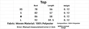 Tableau des tailles pour haut en dentelle avec mesures du buste et longueur du XS au L