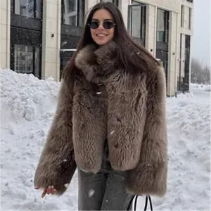 Manteau en Fausse Fourrure de Renard Élégant pour Femme Col Montant Épaissi Chaud Automne Hiver Veste en Fausse Fourrure Manches Longues