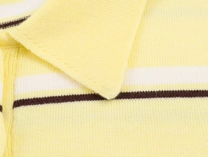 Detailed close-up of a knit polo shirt featuring yellow, white, and brown stripes and collar