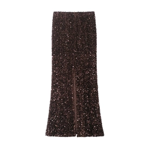 Detailed view of dark brown sequined midi skirt with elegant high waist and center slit