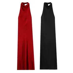 Women Halter Neck Satin Maxi Dress Sexy Backless Cowl Back Evening Party Gown Sleeveless Slim Fit Solid Color Elegant Dress
