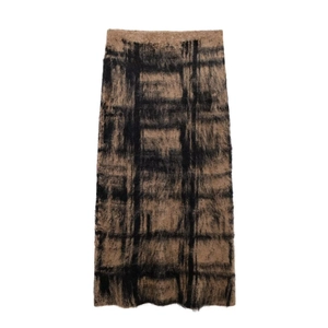 Women's autumn winter plaid knit maxi skirt in fluffy brown and black checkered mohair