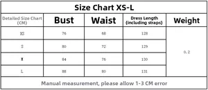 Size chart for slim lace satin dress showing XS to L measurements in centimeters