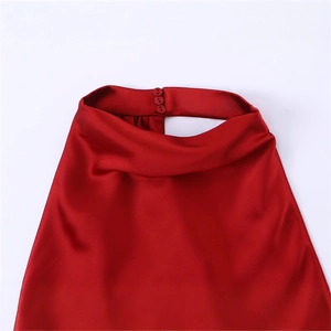 Elegant deep red satin sleeveless dress featuring a high neck and three-button back closure