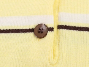Close-up of the striped knit fabric and brown resin button on the polo sweater