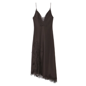Women Slinky Satin Lace Trim Midi Dress V Neck Asymmetric Hem Spaghetti Strap Backless Slip Dress Solid Color Coffee