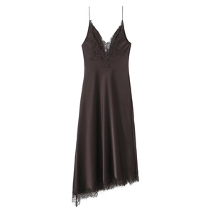 Detail of dark brown satin dress featuring lace trim and an asymmetrical hemline