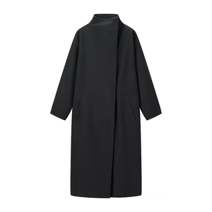 Detail of high stand collar and smooth wool texture on black minimalist long coat