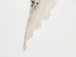 Détail de dentelle de cils élégante et tissu mousseline à pois sur une robe nuisette