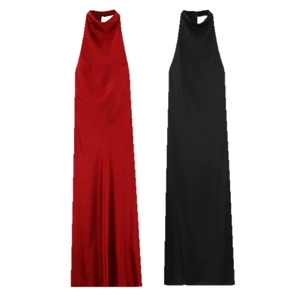 Sleeveless halter neck satin maxi dress in wine red and black for elegant evening wear