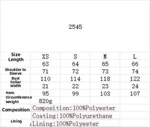 Detailed size chart for the PU leather jacket with measurements for XS S M L XL
