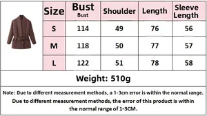 Detailed size chart for winter loose lace-up cotton jacket with bust and length measurements