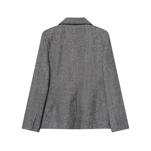 Women's slim-fit grey herringbone blazer jacket with back slit in stylish wool fabric
