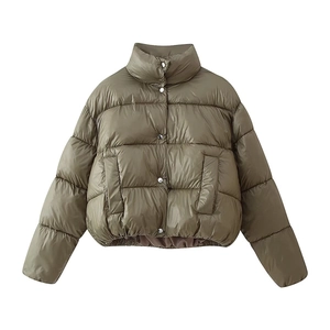 Giacca Imbottita Corta Invernale da Donna Collo Alto Cappotto Piumino Trapuntato Bottone a Pressione Caldo Streetwear Verde Oliva