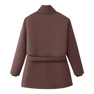 Detailed back view of a dark brown belted winter coat featuring a stand-up collar design