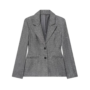 Women's slim fit grey herringbone blazer with single-breasted two-button closure