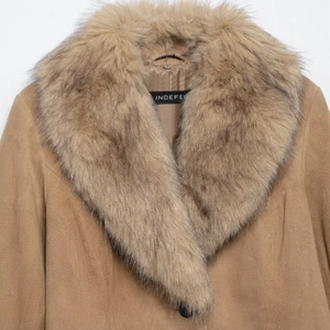 Women's slim fit camel faux suede coat with oversized faux fur collar and lapel