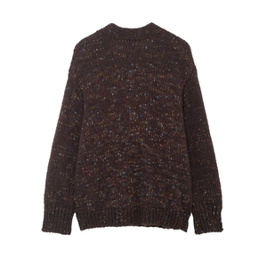 Women's dark brown oversized knit sweater with colorful nep yarn and ribbed hem