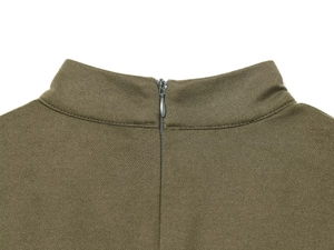 Detail of the mock neck collar and hidden back zipper on olive green knit dress