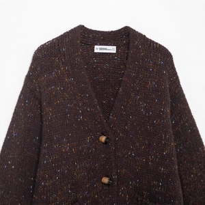 Women's V-neck dark brown knit cardigan in nep yarn with multi-color fiber flecks