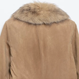 Women's faux suede blazer jacket with warm thick faux fur collar in brown tan color