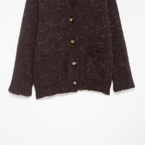 Women's V-neck chunky knit cardigan in dark brown tweed with colorful specks and wood buttons
