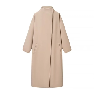 Elegant apricot long wool coat with stand collar and minimalist H-line loose silhouette