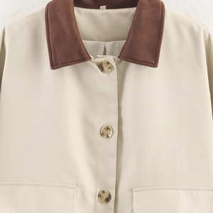 Women's chic beige winter jacket with contrasting brown collar and tortoiseshell buttons