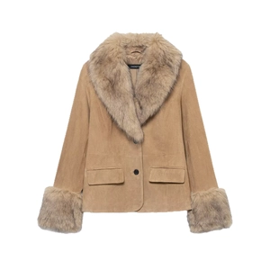Women's slim fit camel faux suede blazer with plush faux fur collar and cuffs