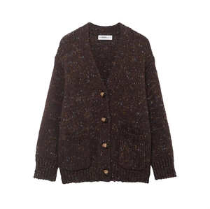 Women's V-neck chunky knit cardigan with horn buttons and colorful speckles on dark brown fabric