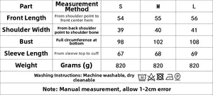 Tableau des tailles pour manteau d'hiver à capuche, mesures S-L et guide d'entretien